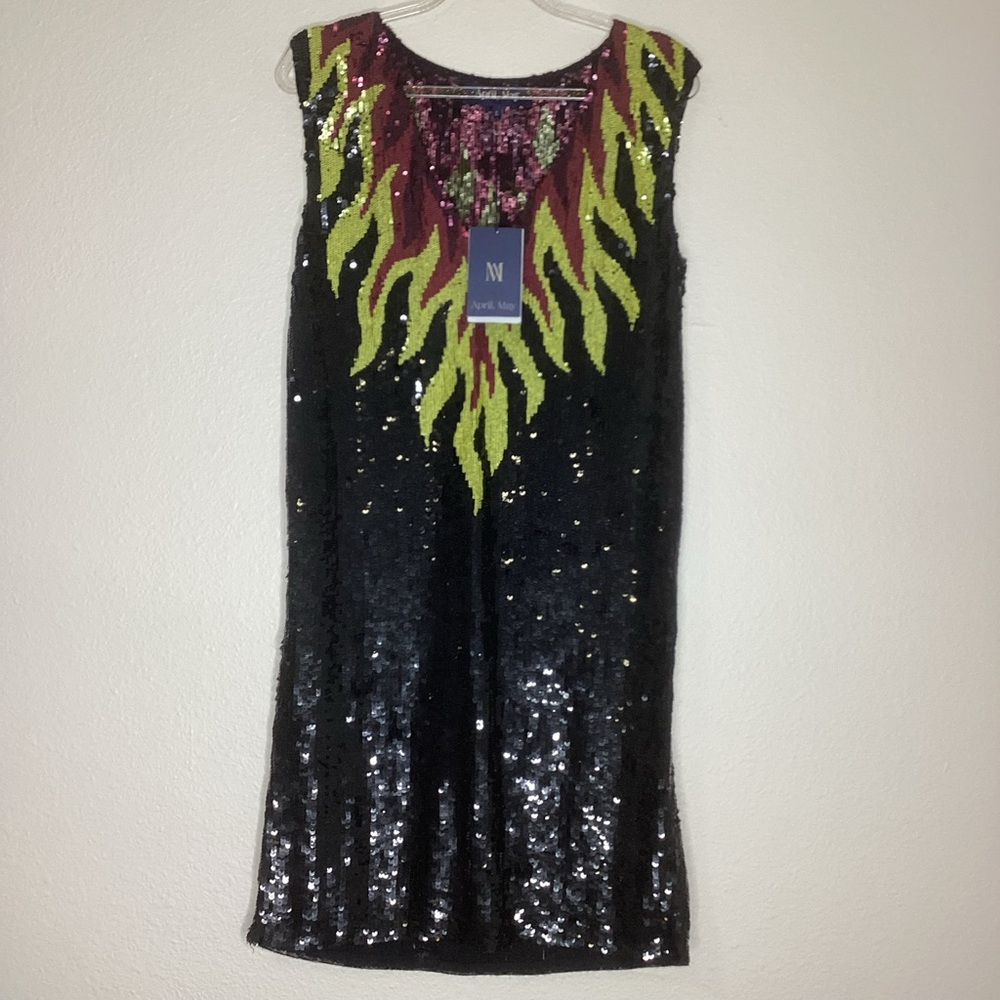 April, May Sequined Flow Cocktail Dress Flames Party New Year NWT Lg